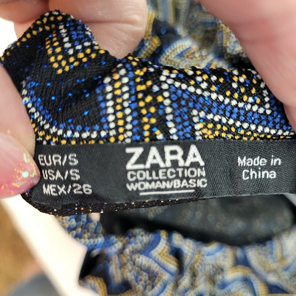 Zara Womens Multicolor Zig Zag Short Sleeve Keyhole Neck Cropped Top Size Small - Picture 5 of 8